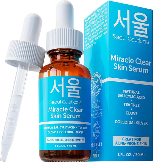 SeoulCeuticals Korean Acne Serum 1oz - Skin Care Treatment for Acne Prone Skin with Salicylic Acid, Tea Tree & Clove