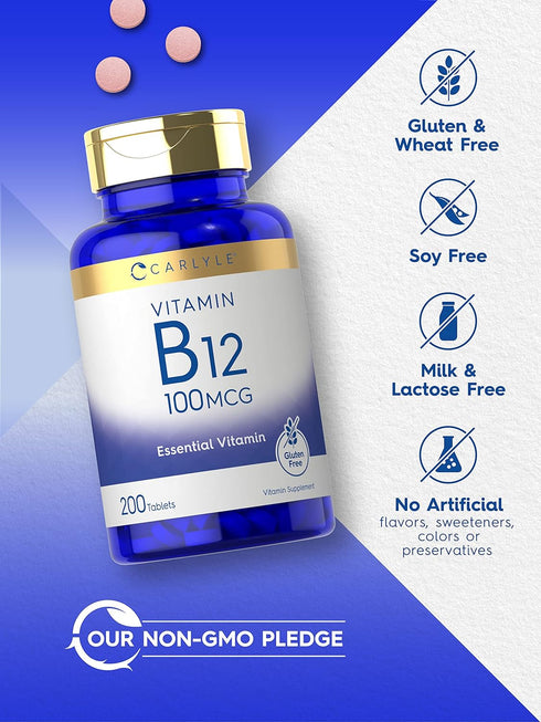 Carlyle Vitamin B12 100mcg, 200 Tablets, Essential Vitamin Supplement, Vegan & Gluten Free