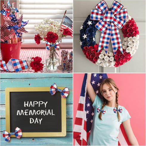 Whaline 2 Rolls 4th of July Wired Edge Plaids Ribbon Red Blue Plaids 2.5 Inch for Independence Day Gift Wrapping
