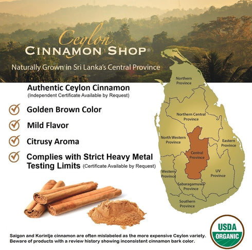 Organic Ceylon Cinnamon (100% Certified) Supplement - 180 Capsules, 3 Month Supply