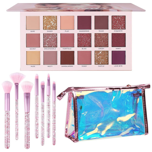 UCANBE Makeup Kit for Women & Teens, 18 Colors Nude Eyeshadow + 7pcs Soft Brushes + Pink Cosmetic Bag Set for Beginners