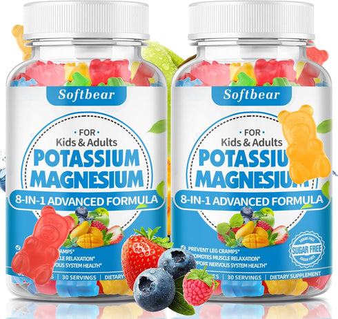 Softbear Sugar Free Potassium Magnesium Gummies for Adults & Kids, Supports Leg Cramps & Muscle Health, 120 Count