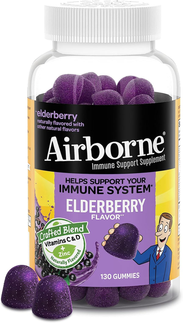 Airborne Elderberry Gummies for Adults, Vitamin C, Zinc, Immune Support, 130 Gummies, Elderberry Flavor