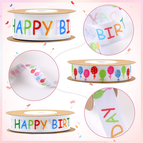 MAMUNU 3 Rolls Happy Birthday Ribbon, 3/5" and 1" Wide White Satin Polyester Ribbon for Gift Wrapping, 30 Yards