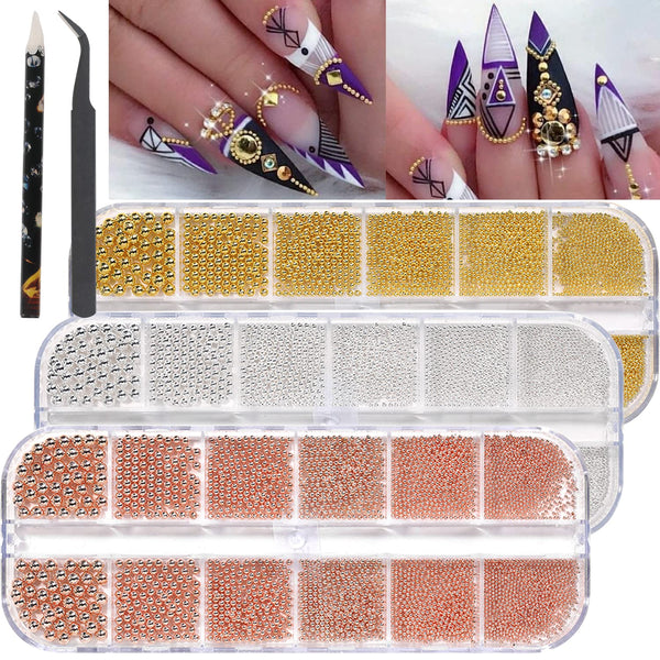 Mini Caviar Beads for Nail Art, Gold Silver Rose Gold 3D Metal Ball Decorative Accessories Set