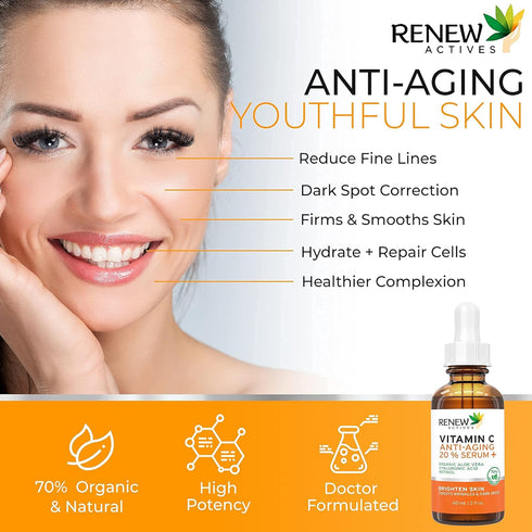 RENEW ACTIVES Vitamin C Serum - Brightening & Anti-Aging Formula, Reduces Dark Spots, Fine Lines, 2 fl oz