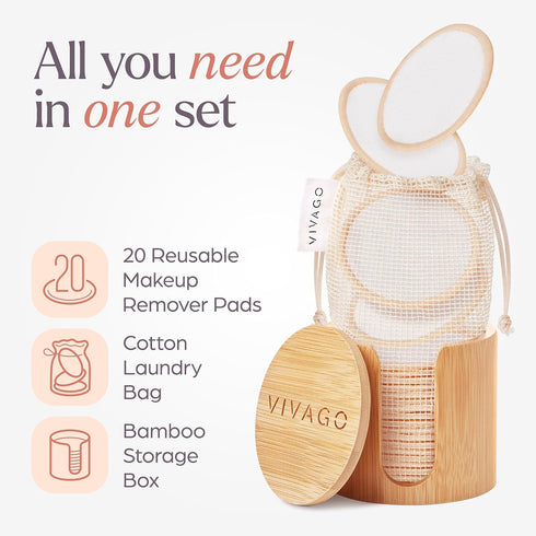 Reusable Cotton Rounds for Face - 20 Pack Soft Makeup Remover Pads with Washable Laundry Bag & Bamboo Holder, All Skin