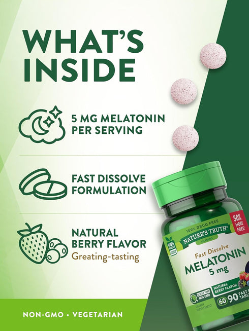 Melatonin 5 mg | 90 Fast Dissolve Tablets | Natural Berry Flavor, Vegetarian, Non-GMO & Gluten Free Supplement
