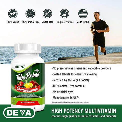 DEVA Tuba Prime Vegan Multivitamin, High-Potency Dietary Supplement, Antioxidants, 90 Tablets