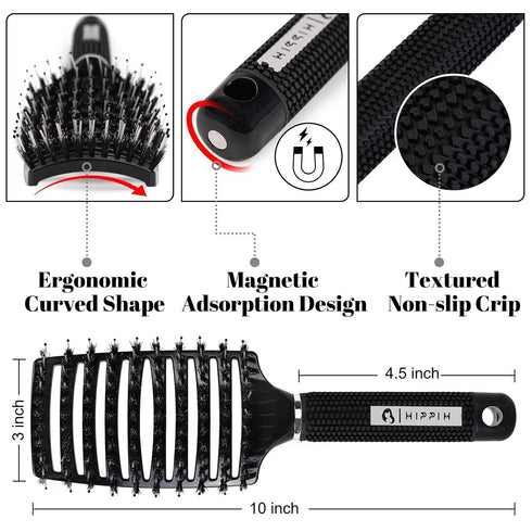 HIPPIH 2 Pack Boar Bristle Hair Brush, Wet & Dry No Pull Curved Vented Detangler for Kids & Men