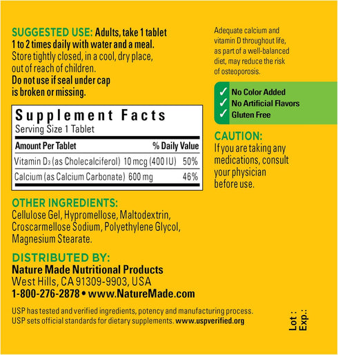 Nature Made Calcium 600 mg with Vitamin D3, 60 Tablets, Dietary Supplement for Bone Support