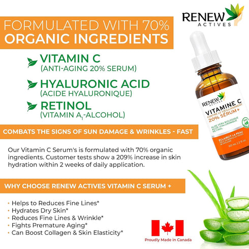 RENEW ACTIVES Vitamin C Serum - Brightening & Anti-Aging Formula, Reduces Dark Spots, Fine Lines, 2 fl oz
