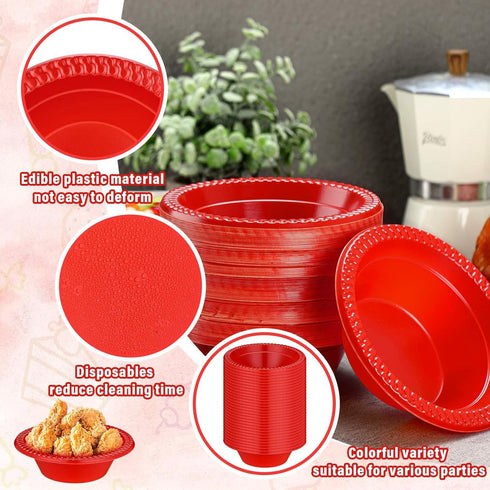 100 Pcs 12oz Red Disposable Plastic Bowls - Dessert Cups, Snack Bowls, Soup Bowls for Party Favor Picnic