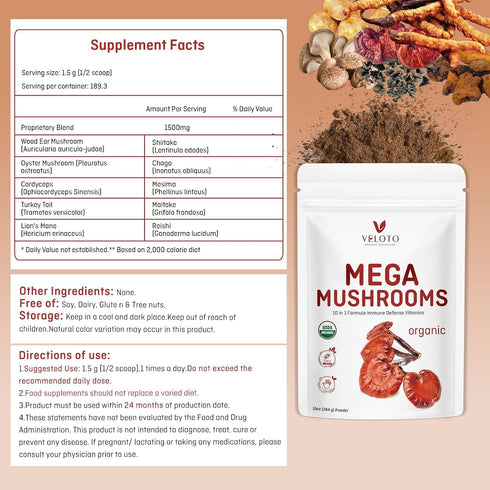 VELOTO Blend,10 1 10oz Organic Mega Mushroom Powder in Complex Mushroom Extract Powder Herbal Supplement with Reishi