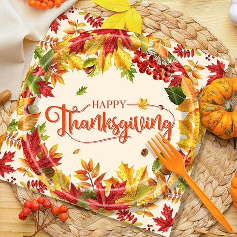 Temicle 96 Set 24 Pieces Fall Leaves Thanksgiving Tableware Autumn-Themed Disposable Party Supplies with Paper Plates