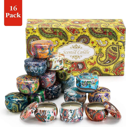 Set, 16 Pack Howemon Scented Candles Gift Natural Soy Wax Portable Travel Tin with Strongly Fragrance Essential Oils