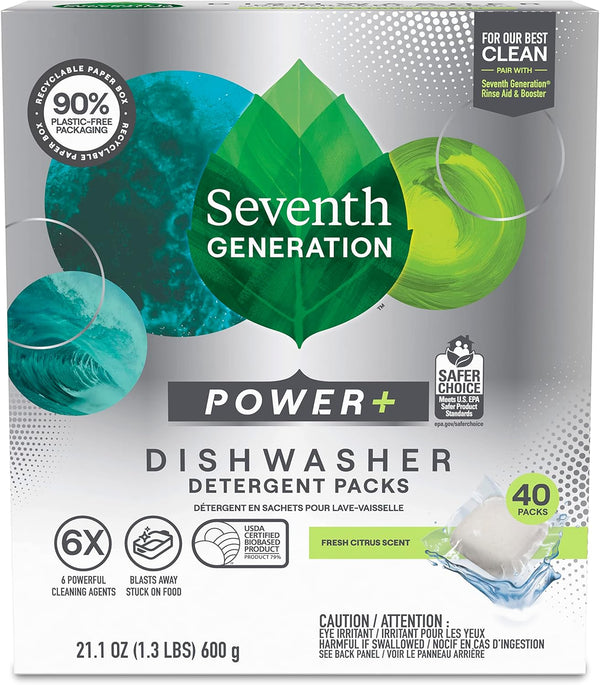 Seventh Generation Power Plus Dishwasher Detergent Packs, Fresh Citrus Scent, 40 Count for Sparkling Dishes