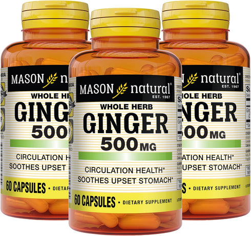 MASON NATURAL Whole Herb Ginger 500 mg - Healthy Circulation Support, 60 Capsules (Pack of 3)