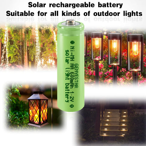 AA Solar Light Batteries, Rechargeable NIMH 600mAh 1.2V for Garden Lawn Landscaping Solar Lamps