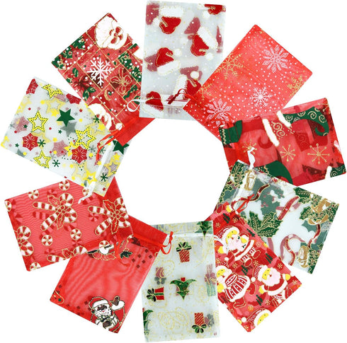 50PCS Christmas Organza Bags, Gift Jewelry Candy Bags for Wedding Party, 10 Patterns, 4x6 Inch