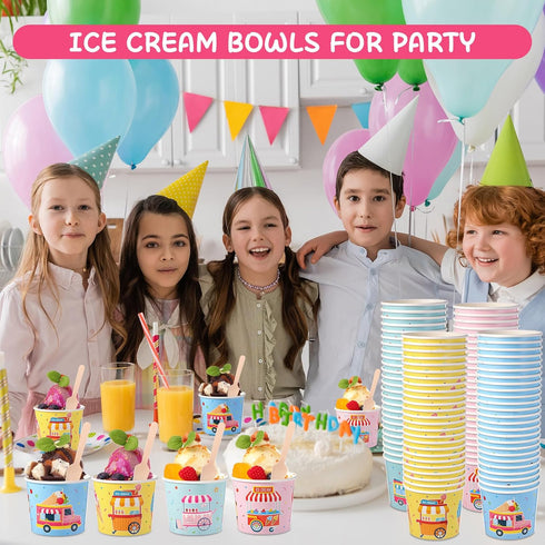 Ninehaoou 100 Set 6 oz Frozen Ice Cream Paper Cups with Spoons Bulk Colorful Disposable Ice Cream Bowls for Hot or Cold