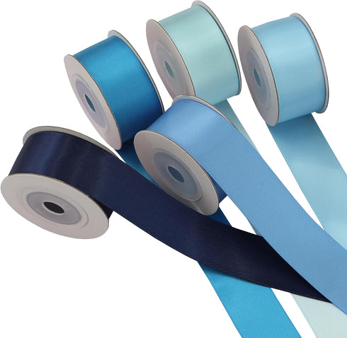 Double Face Blue Satin Ribbon, 1" x 5 Yard Each, 6 Colors for Gift Wrapping, Wedding, Baby Shower, Total 30 Yards