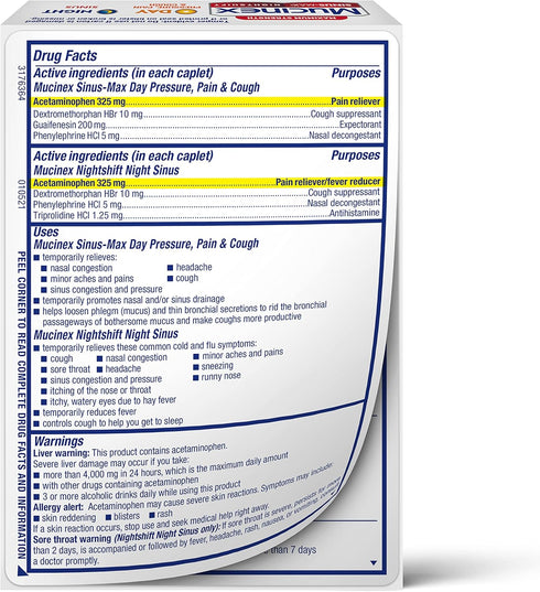 Mucinex Maximum Strength Sinus-Max Caplets, 20 caplets (12 Day + 8 Night) for Pressure, Pain & Cough Relief
