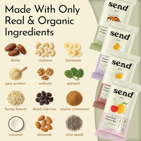 Pack, 8 SEND Bars Plant-Based Vegan Healthy Protein Bars, With Greens (Variety Bars) Only Real Ingredients, Zero Added
