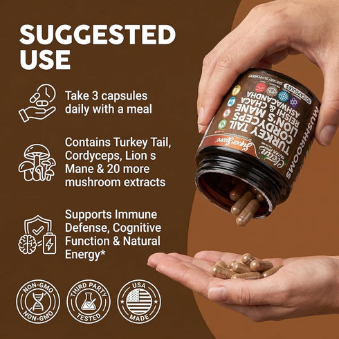 Immunity 90 Organic Turkey Tail Mushroom Supplement Capsules | Lions Mane Cordyceps Reishi Chaga + Ashwagandha Stress