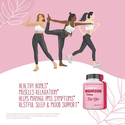 Magnesium Glycinate for Women, 250mg Elemental Per Capsule, 90 Day Supply, Chelated Supplement