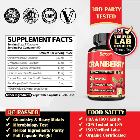Satoomi 6in1 Cranberry Pills for Women - 3-Month Supply - 6 Herbal Ingredients Extract - 90 Veggie Capsules