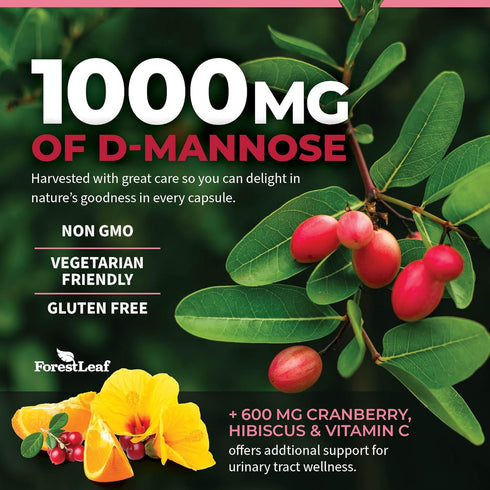 ForestLeaf D Mannose 1000mg Capsules - D-Mannose with Cranberry, Hibiscus & VIT C for Urinary Tract Health