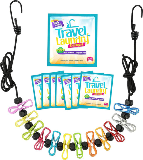Skywin Travel Laundry Detergent + Portable Clothesline Kit, 12 Clips, 8 Pack Effective Travel Detergent Packets