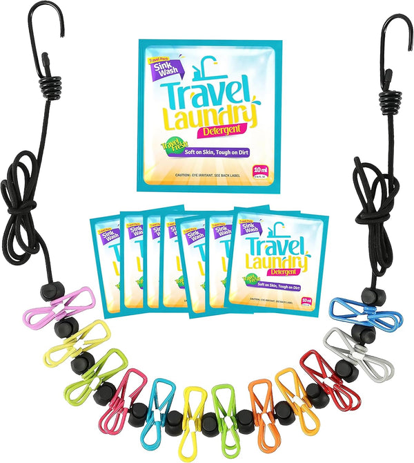Skywin Travel Laundry Detergent + Portable Clothesline Kit, 12 Clips, 8 Pack Effective Travel Detergent Packets