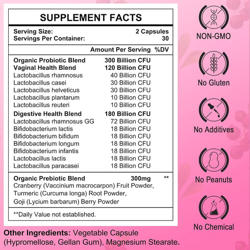 Vaginal Probiotics for Women, 300 Billion CFUs Probiotics for Women, 15-IN-1 Women's Probiotic & Prebiotics, for Women’s Vaginal, Urinary Tract, PH Balance, Immune, Digestive, Bloating Health, 60 Caps