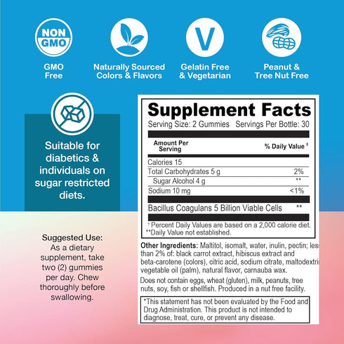 YUM-V'S Zero Sugar Probiotic Gummies, 60ct Sugar Free Digestive Health Supplements for Women, Men & Kids