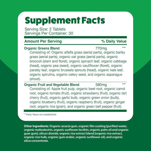 Feel Great Vitamins Super Greens Tablets, Organic Supplement with Kale, 60 Tablets