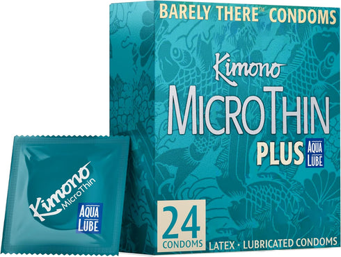 Kimono Microthin Plus Pack of 24 - Premium Lubricated Natural Latex Condoms,