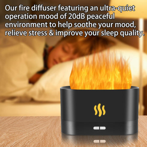 Flame Diffuser Humidifier with Fire Flame Effect, 180ml Aroma Humidifier, Auto Off, 2 Modes, Black for Home, Office,