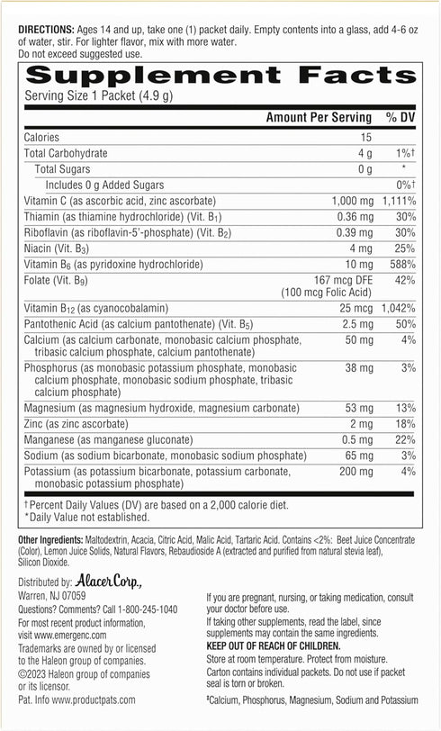 Emergen-C Zero Sugar 1000 mg Vitamin C Powder, 36 Count for Daily Immune Support with Electrolytes