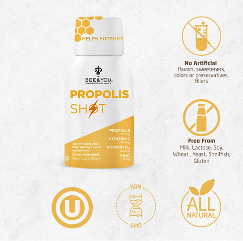 BEE and You Immune Support Propolis Shot Supplement, 12 Bottles with Antioxidants and Vitamin C
