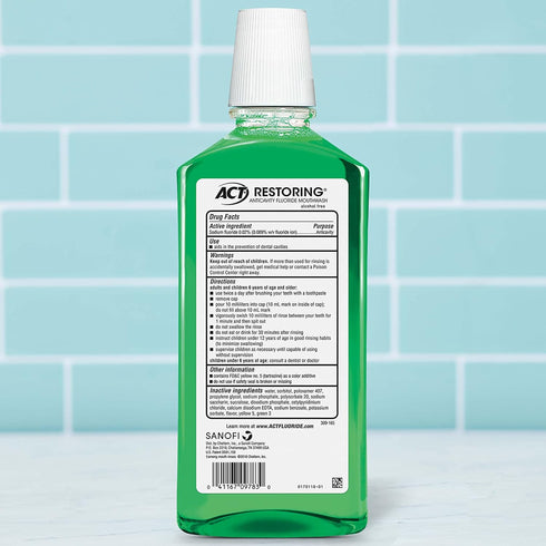 ACT Restoring Zero Alcohol Fluoride Mouthwash 33.8 fl. oz. Strengthens Tooth Enamel, Mint Burst