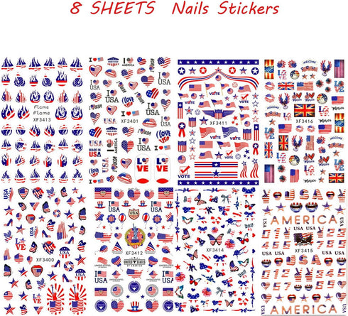 4th of July Nail Art Stickers, American Independence Day Design with Lips Flag Hearts Flame Shape for Women Girls