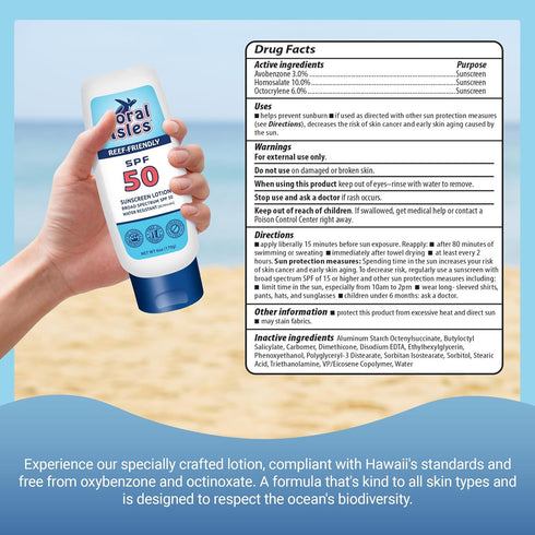Sunscreen SPF 50 - Hawaii Compliant, Reef Safe, Broad Spectrum UVA/UVB Protection, 6 Fl Oz Lotion