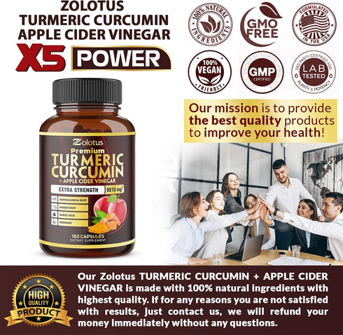 7 in 1 Premium Turmeric Curcumin + Apple Cider Vinegar Capsules, 5010mg Equivalent, 6 Month Supply with Ashwagandha,