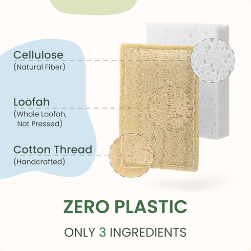 Pack 4 Natural Kitchen Sponges Eco-Friendly, Compostable Dish Sponges Loofah & Cellulose Scrubbers Plastic-Free