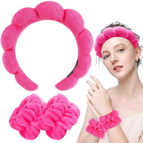 Spa Headband & Wristband Set for Washing Face - Soft Terry Cloth Bubble Hairband for Women, Hot Pink