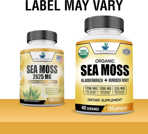American Standard Supplements Organic Sea Moss, Bladderwrack & Burdock Root Capsules, 1200mg, 120 Capsules