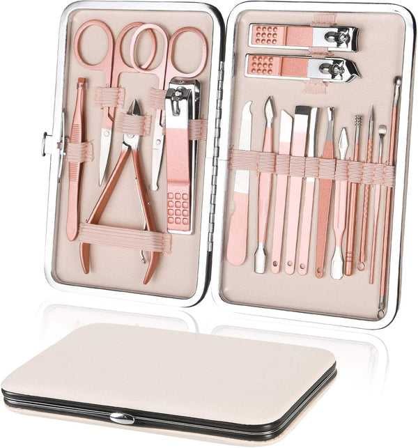 Nail Clippers for Men Women 18 In 1 Stainless Steel Nail Kit with Leather Case (Rose Gold)