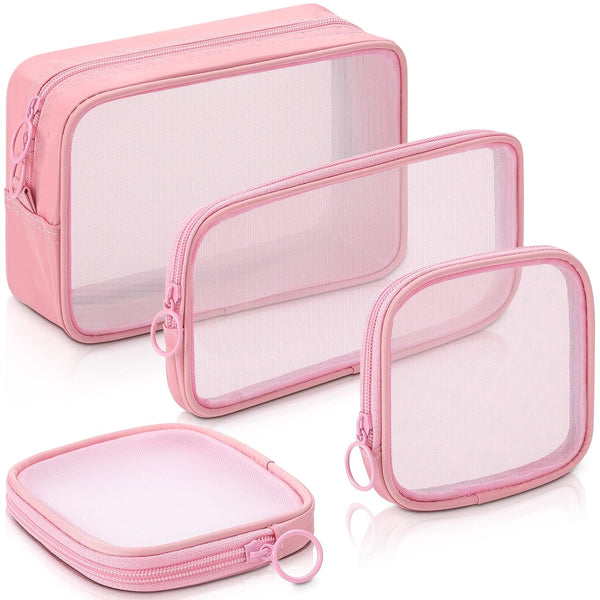 Weewooday 4 Pcs Mesh Makeup Bag, Mini Portable Travel Toiletry Pouch for Daily Accessories (Pink)